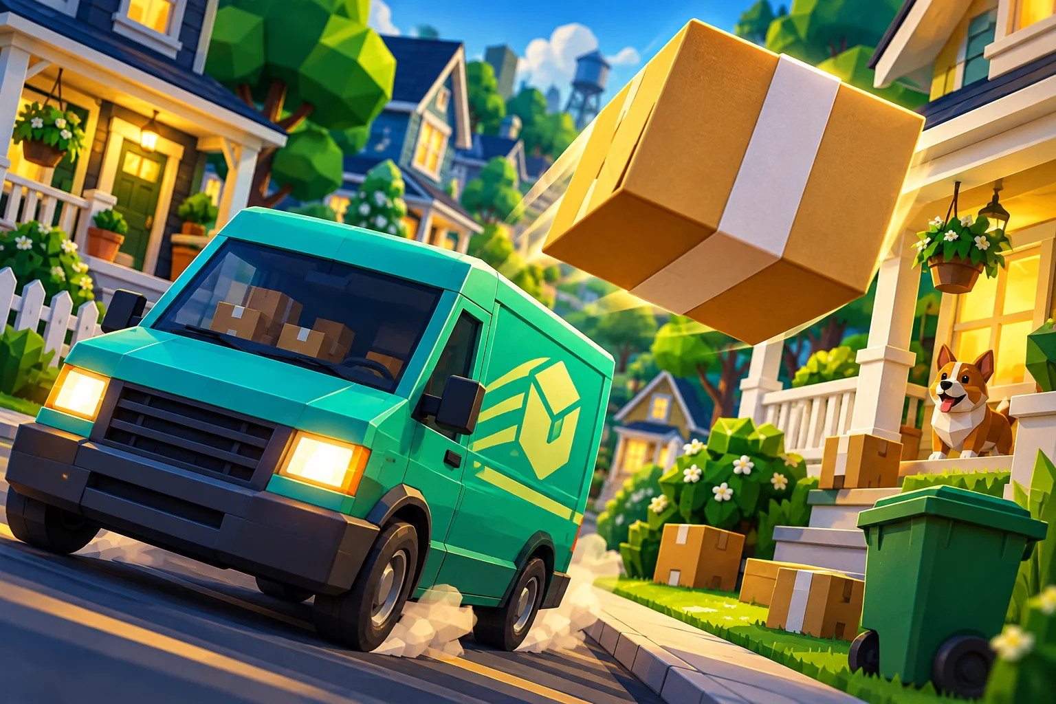 A teal delivery van racing past colorful houses with a package flying toward a porch